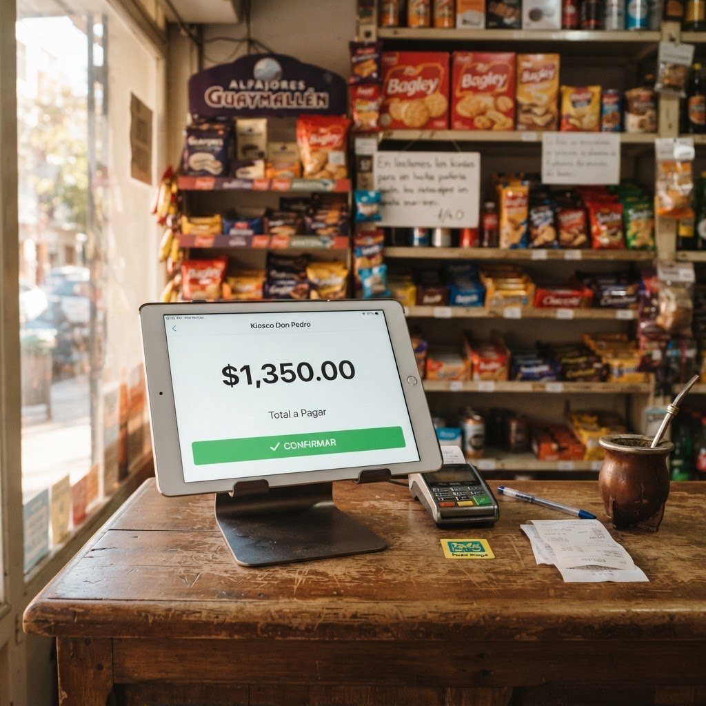 Una tablet con CuadernitoApp apoyada sobre el mostrador de un kiosco
